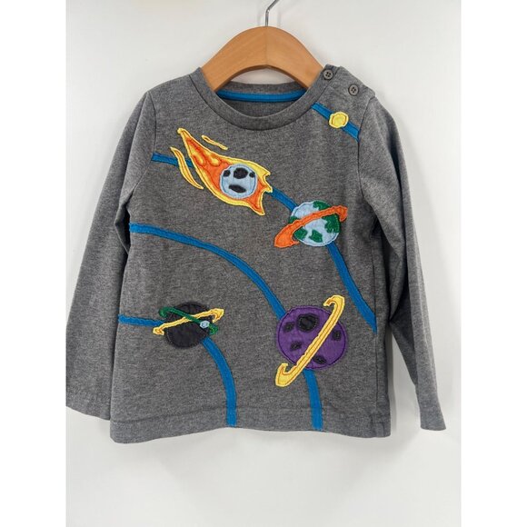Mini Boden Size 1.5-2Y Gray Space Themed Planets Applique Long Sleeve T-Shirt - Picture 1 of 9